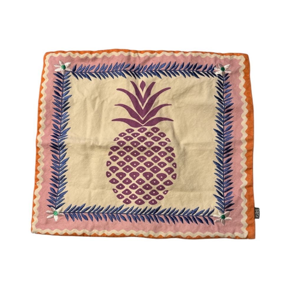 Kas Australia Floral Pineapple Artsy￼Embroidered Leaf Tropical Canvas Pillowcase